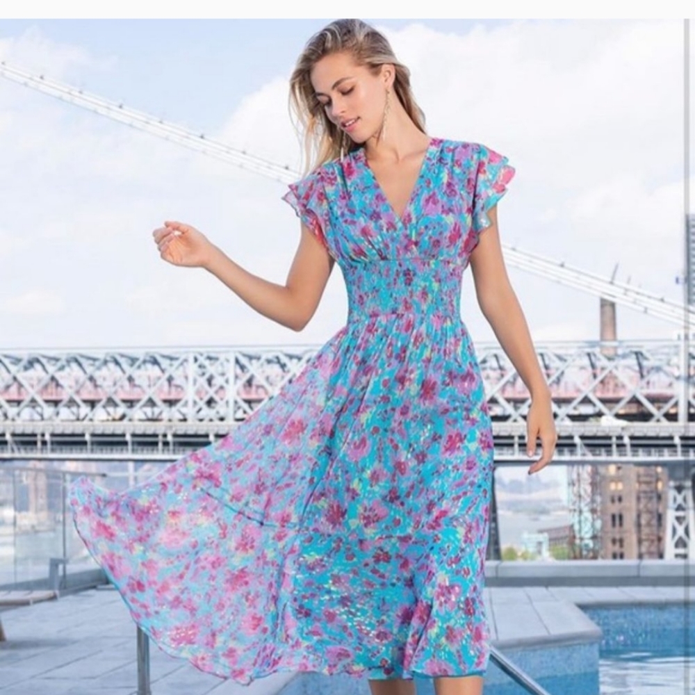 SHOSHANNA | Ziara Blue Smocked Waist Dress With Flutter Sleeves | Size 8